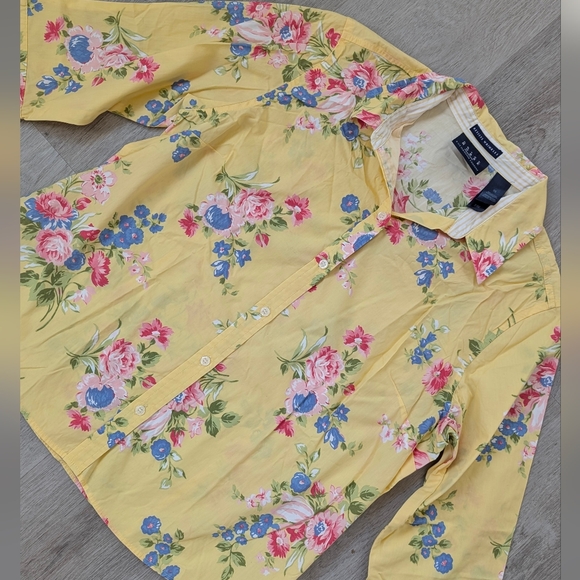 Crazy Horse-Liz Claiborne 100% Cotton Yellow Floral Spring Women's Shirt Size 16 - Picture 2 of 11